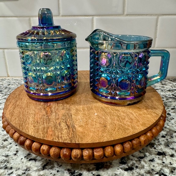 Vintage Indiana Windsor Carnival Glass‎ Iridescent Blue Creamer and Sugar Set - Picture 2 of 8